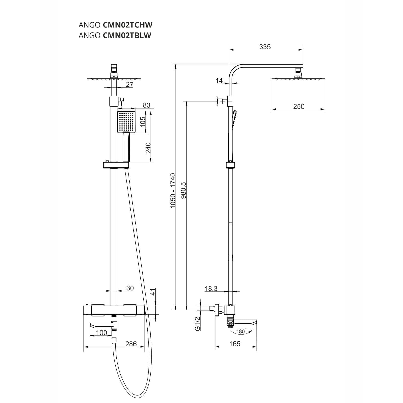 Kolumna prysznicowa ANGO CMN02TBLW Deszczownica 25cm Termostat Wylewka obrotowa Czarna