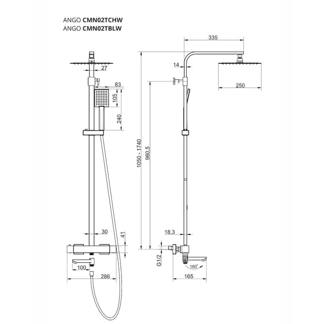 Kolumna prysznicowa ANGO CMN02TBLW Deszczownica 25cm Termostat Wylewka obrotowa Czarna