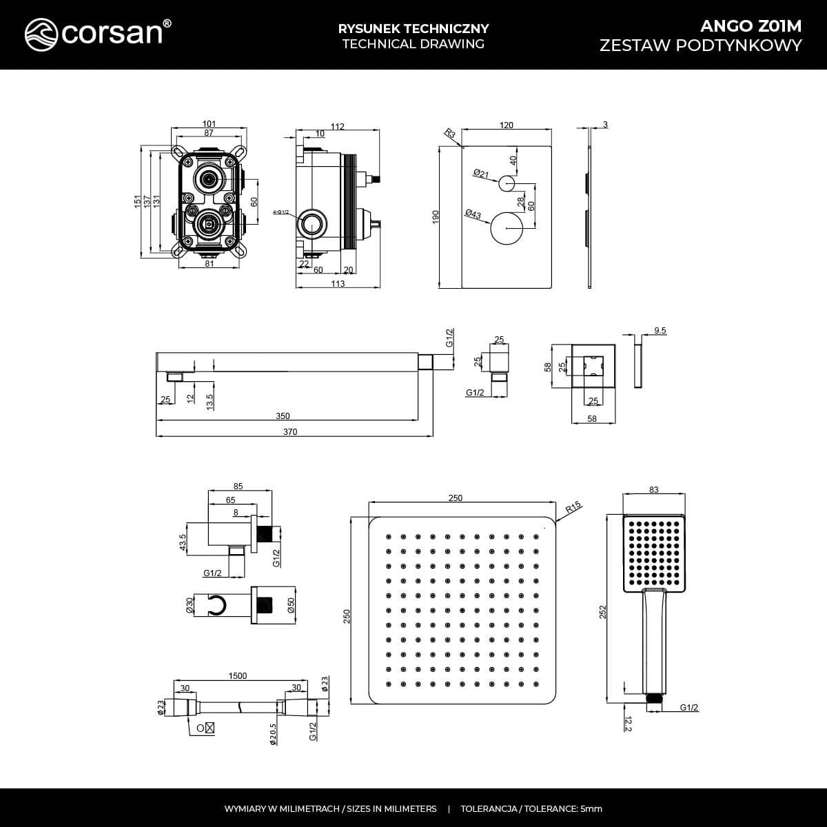 Zestaw podtynkowy ANGO Z01MBL Deszczownica 25 cm Mieszacz Słuchawka prysznicowa Czarny