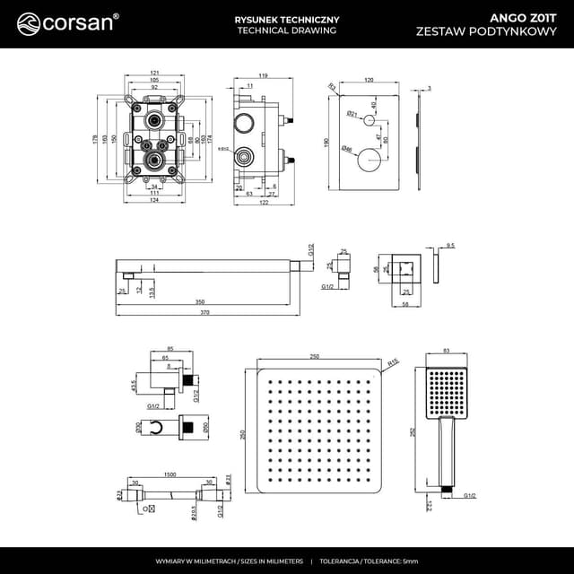 Zestaw podtynkowy ANGO Z01TBL Deszczownica 25 cm Termostat Słuchawka prysznicowa Czarny