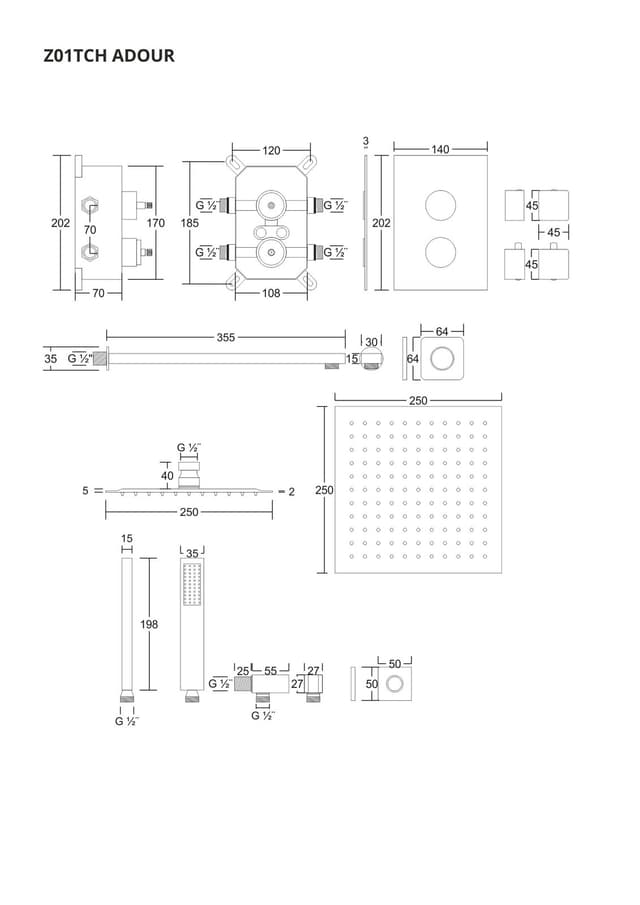Zestaw prysznicowy podtynkowy ANGO Z01TCH Deszczownica 25 cm Termostat Słuchawka prysznicowa Chrom
