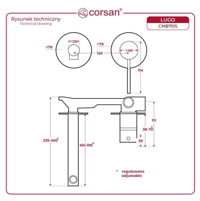 Bateria umywalkowa podtynkowa LUGO CMB7515BL z wylewką Czarna