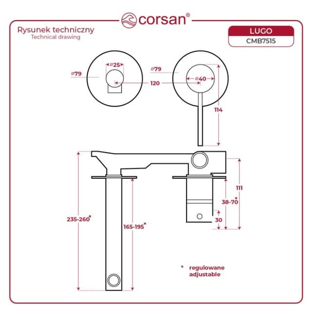 Bateria umywalkowa podtynkowa LUGO CMB7515BL z wylewką Czarna