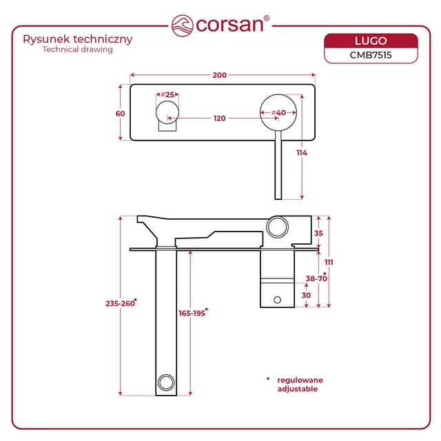 Bateria umywalkowa podtynkowa LUGO CMB7515CH z wylewką Chrom