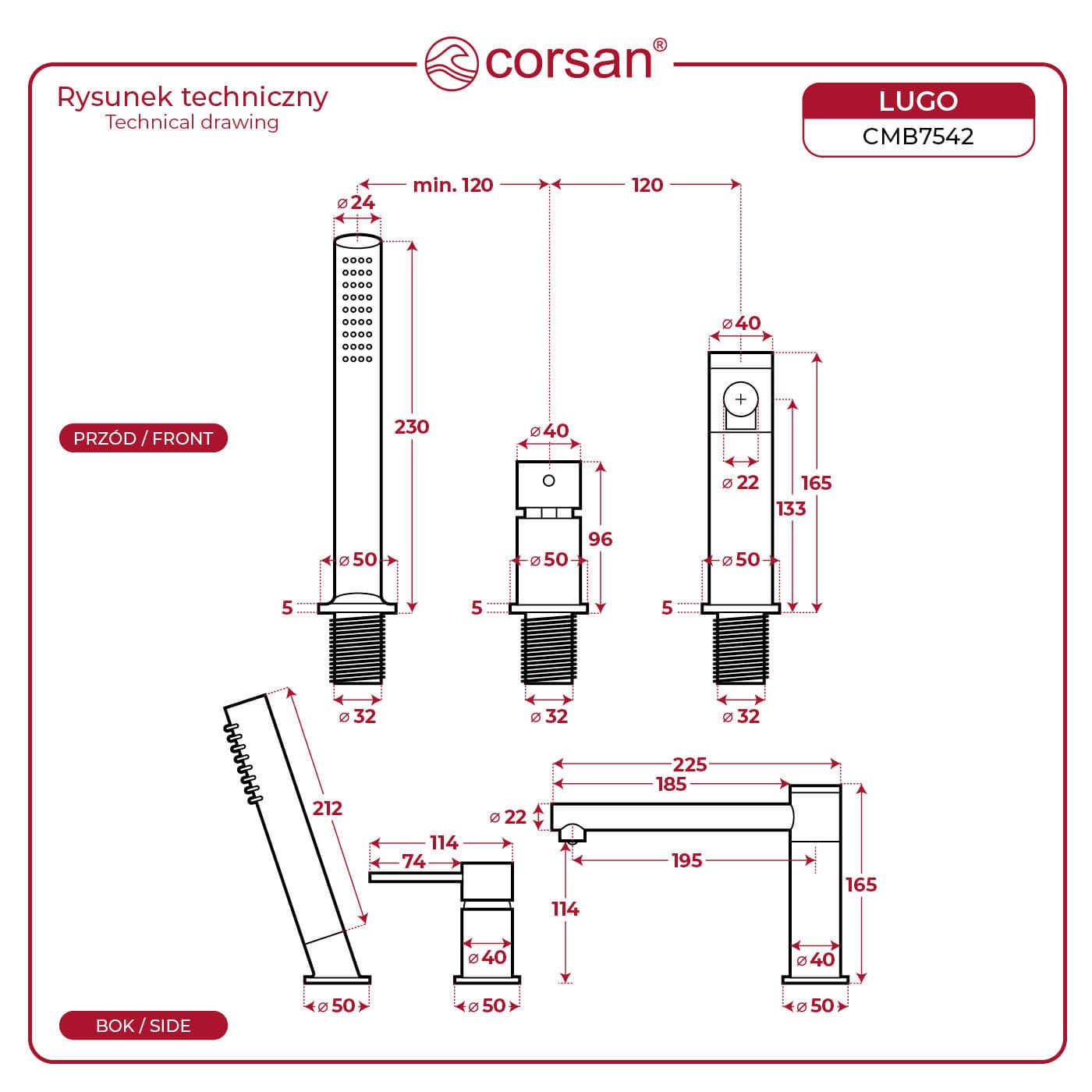 Bateria wannowa 3 otworowa Corsan CMB7542BL Lugo czarna z wylewką i słuchawką prysznicową
