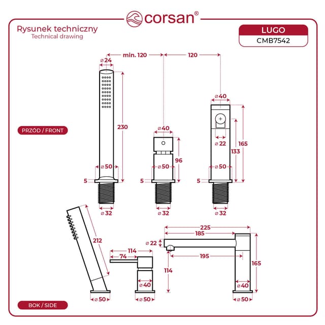Bateria wannowa 3 otworowa Corsan CMB7542BL Lugo czarna z wylewką i słuchawką prysznicową