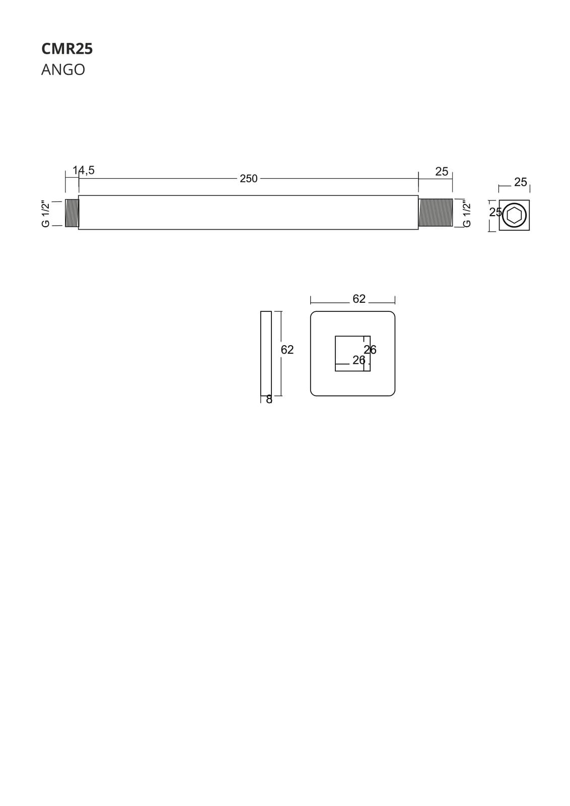 Ramię prysznicowe sufitowe do deszczownicy natryskowej Corsan CMR25BL 25 cm czarne