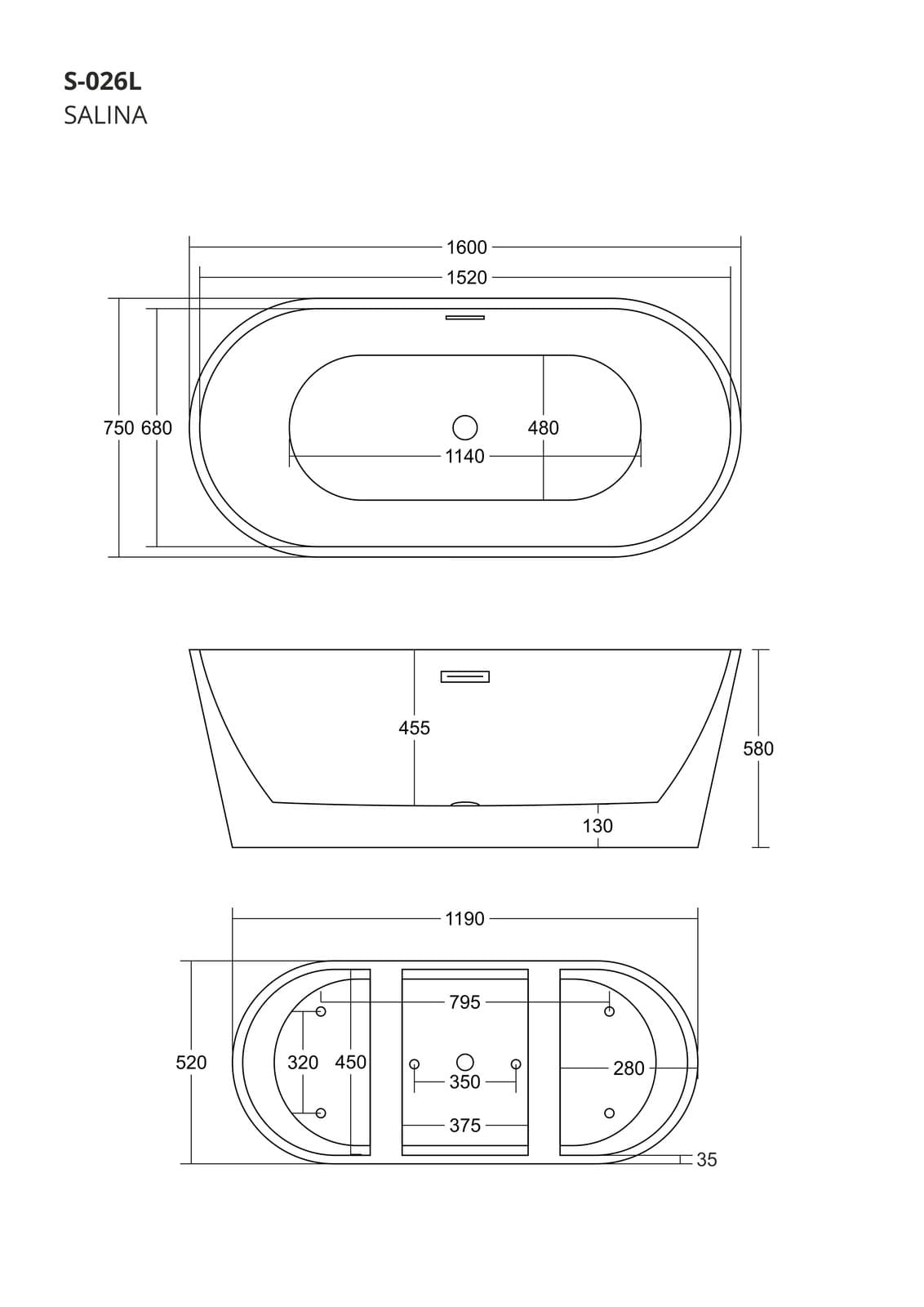 Wanna wolnostojąca Corsan SALINA 160 x 75 cm Korek klik-klak Złoty