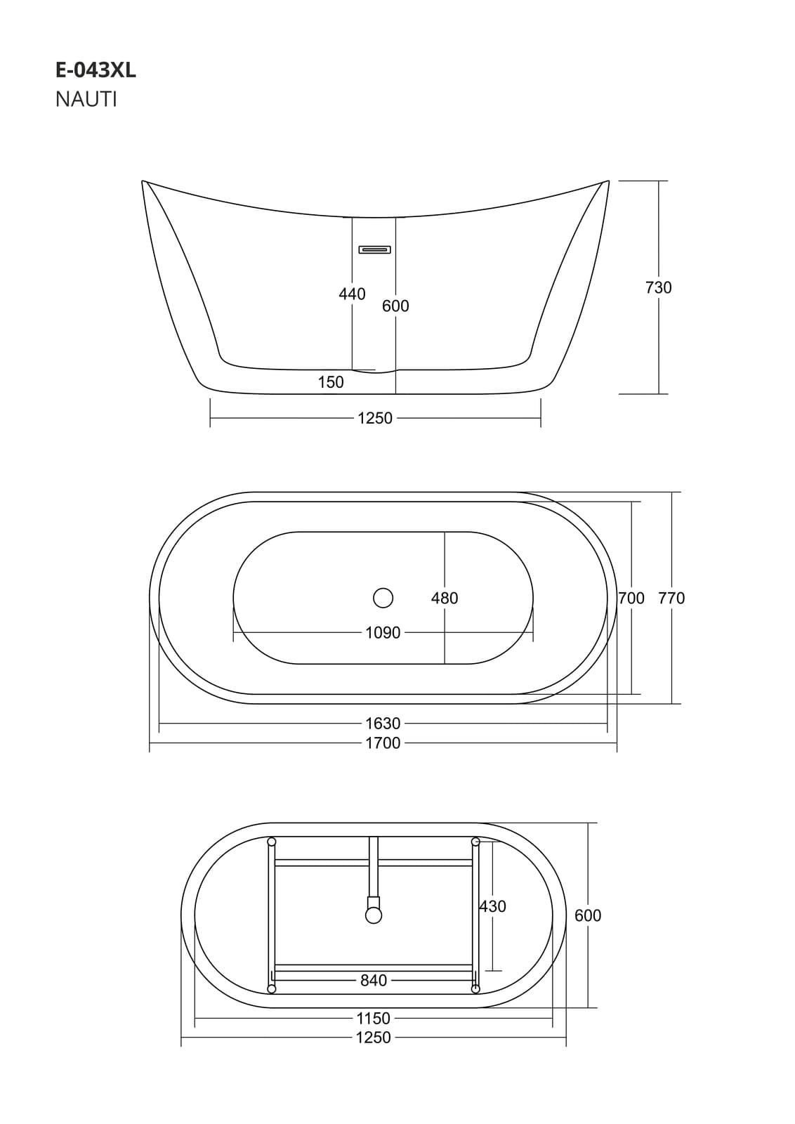 Wanna wolnostojąca Corsan NAUTI 170 x 77 cm Korek klik-klak Miedziany / Różowe Złoto