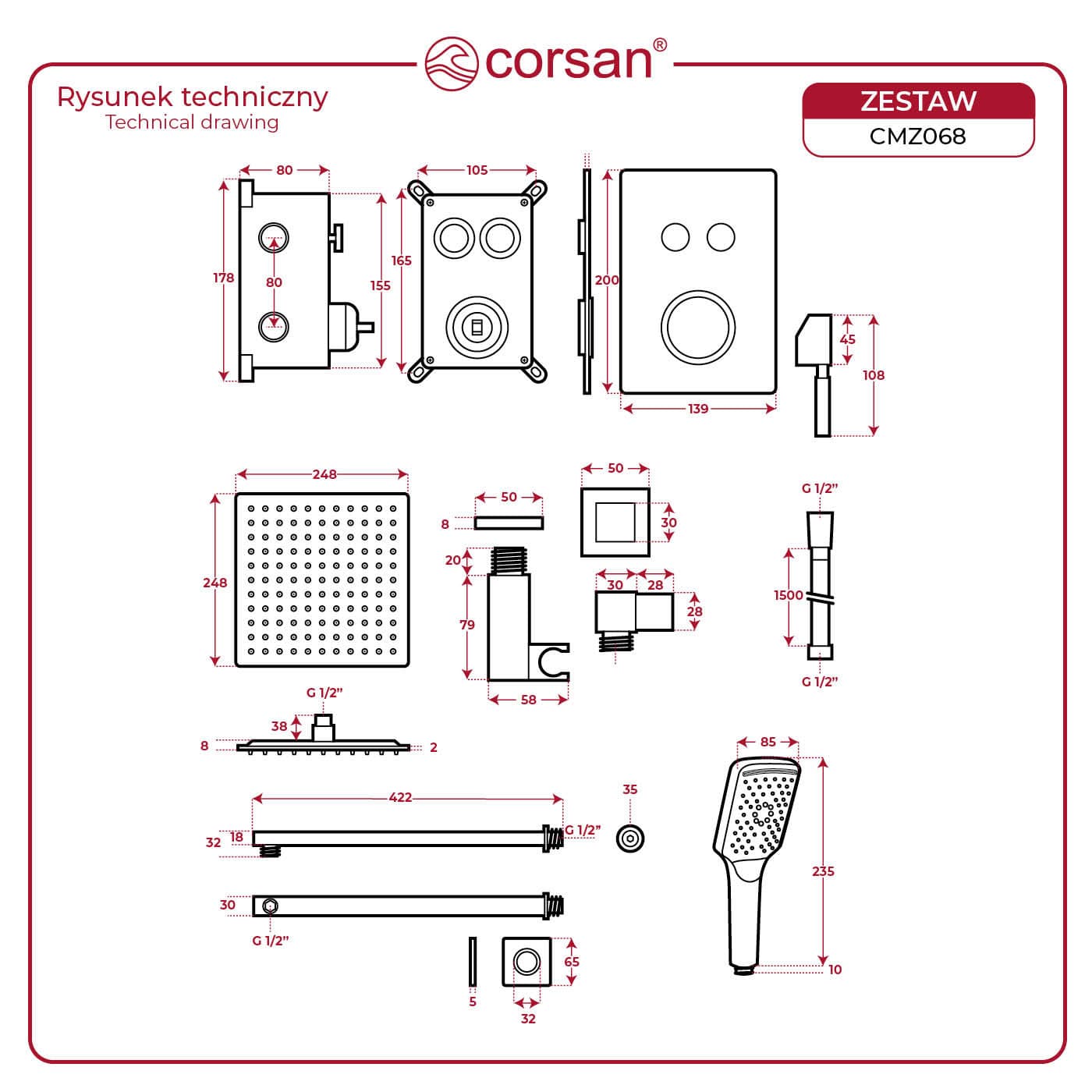 Zestaw prysznicowy Corsan CMZ068CH chrom z deszczownicą i głowicą mieszaczową