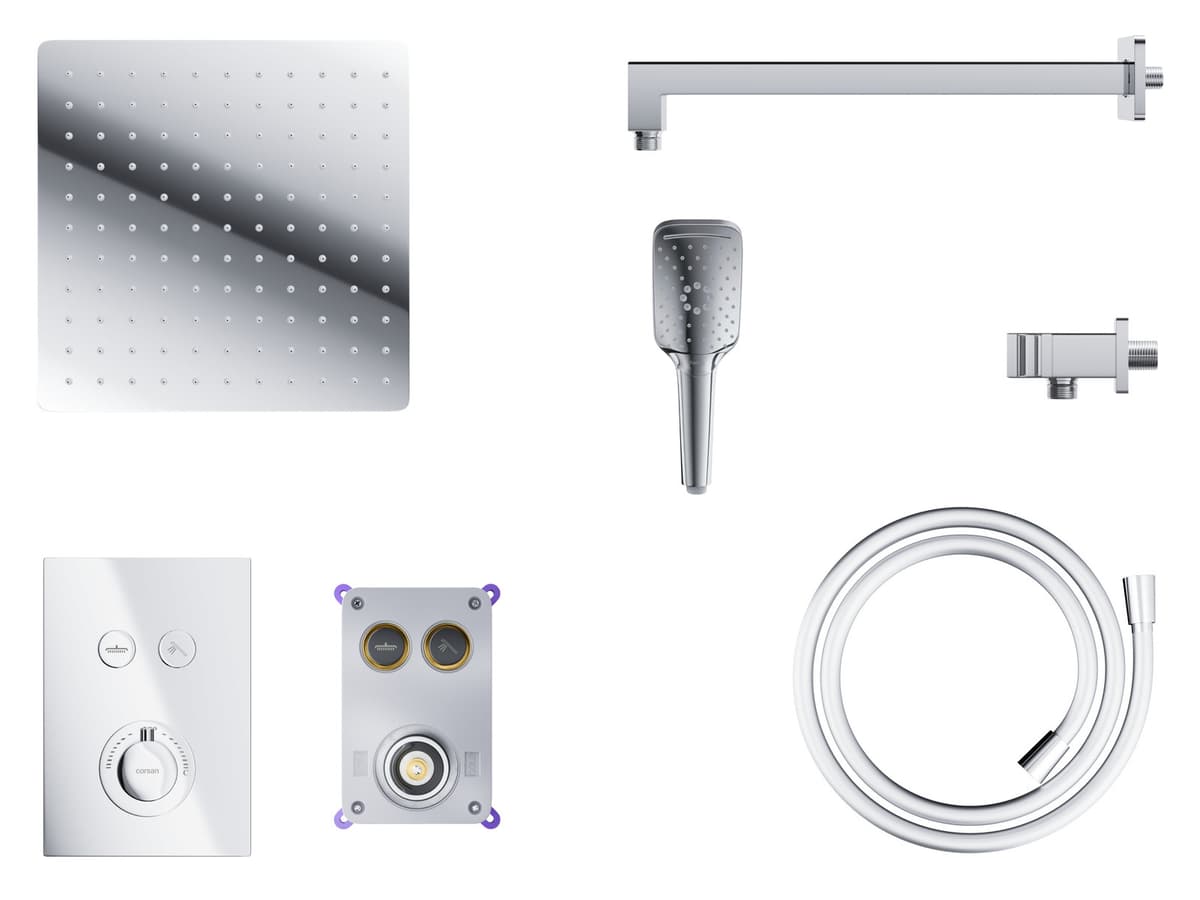 Zestaw prysznicowy podtynkowy Corsan BOX Termostat przyciskowy Deszczownica 25cm Chrom