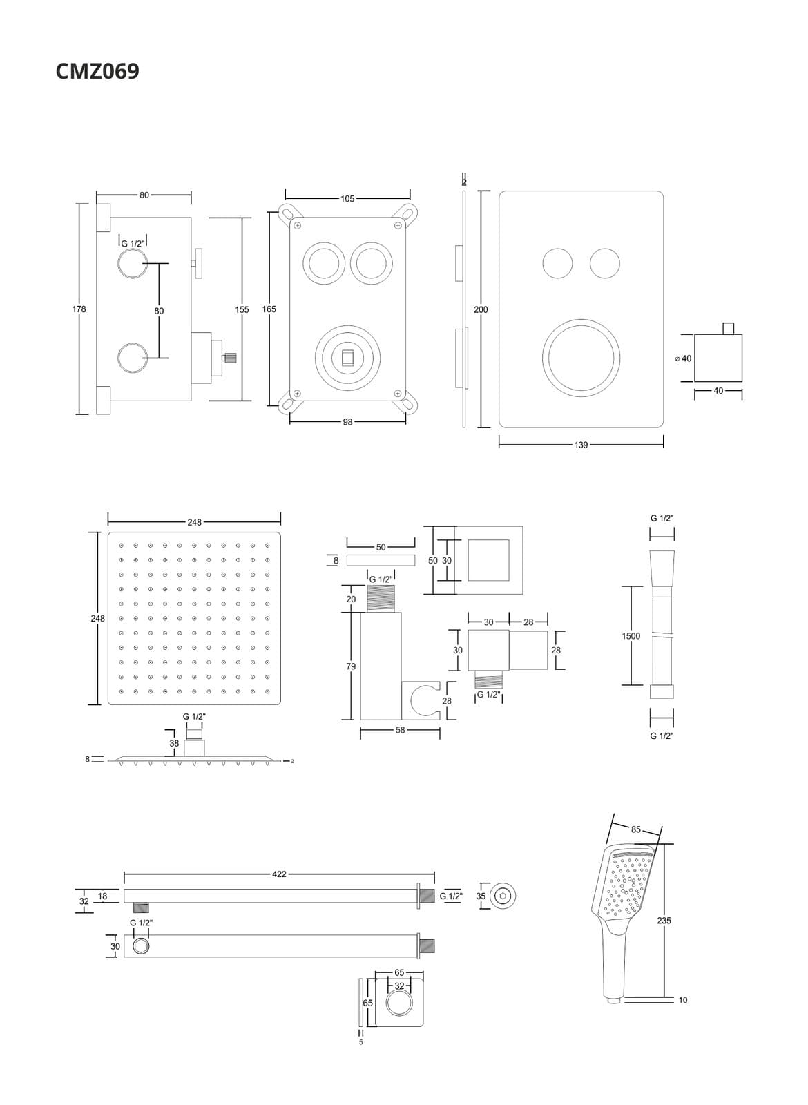 Zestaw prysznicowy podtynkowy Corsan BOX Termostat przyciskowy Deszczownica 25cm Chrom