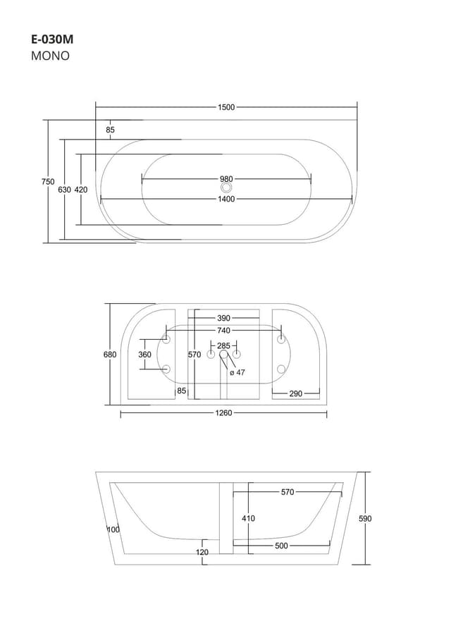 Wanna przyścienna wolnostojąca Corsan MONO 150 x 75 cm z szeroką krawędzią Korek klik-klak Chrom