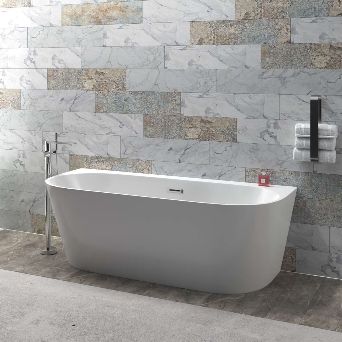 Wanna przyścienna wolnostojąca Corsan MONO 150 x 75 cm z szeroką krawędzią Korek klik-klak Chrom