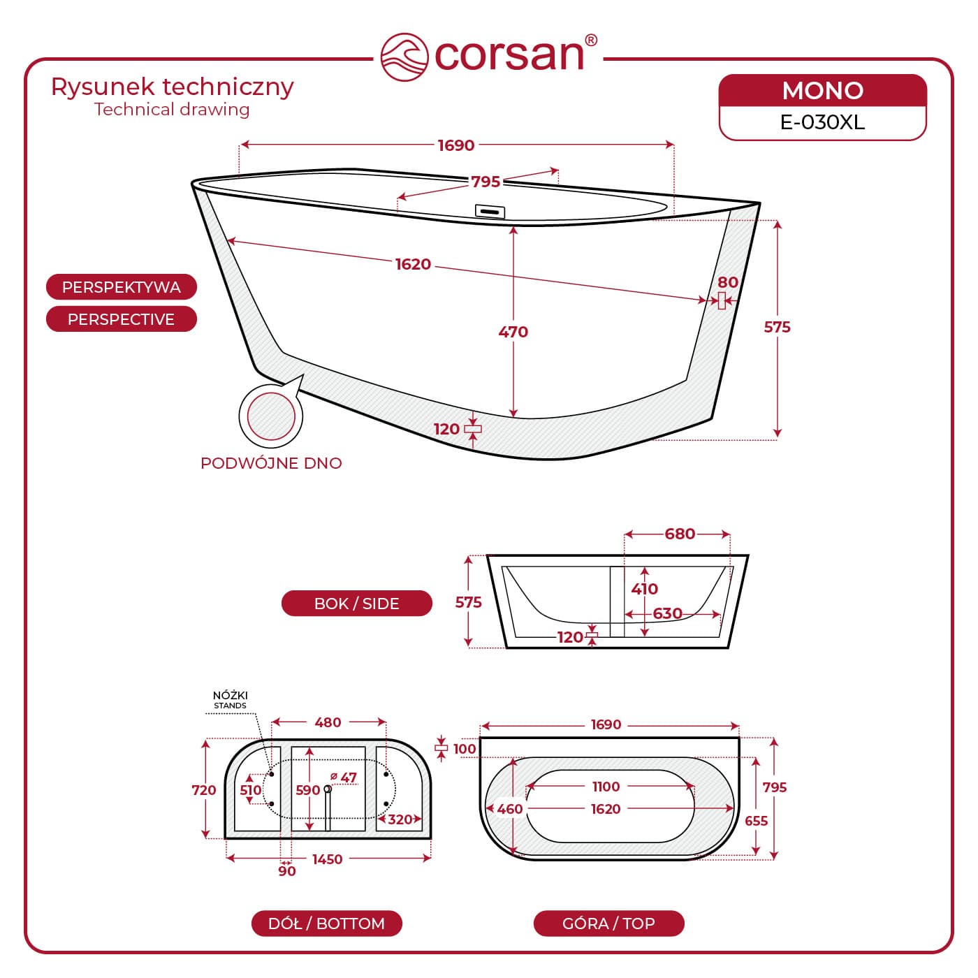 Wanna przyścienna wolnostojąca Corsan MONO 170 x 80 cm z szeroką krawędzią Korek klik-klak Biały