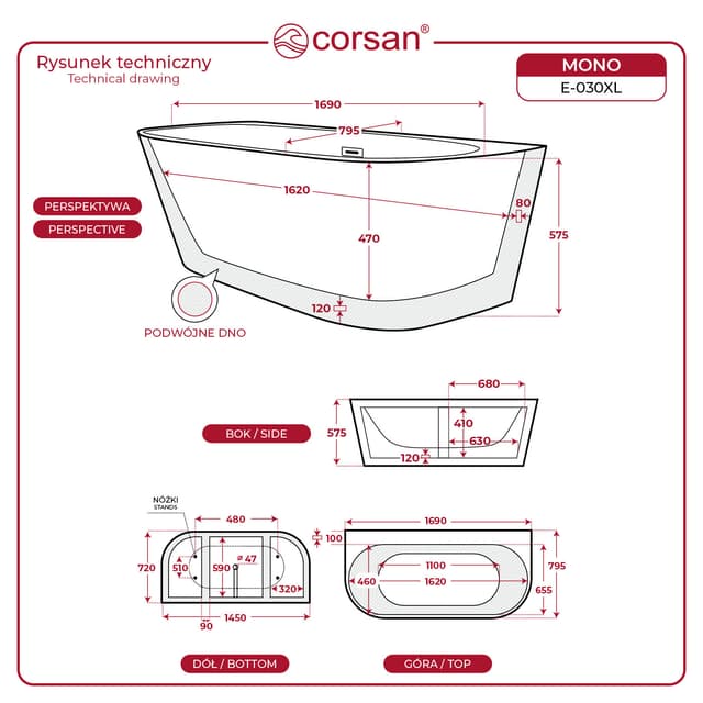 Wanna przyścienna wolnostojąca Corsan MONO 170 x 80 cm z szeroką krawędzią Korek klik-klak Biały