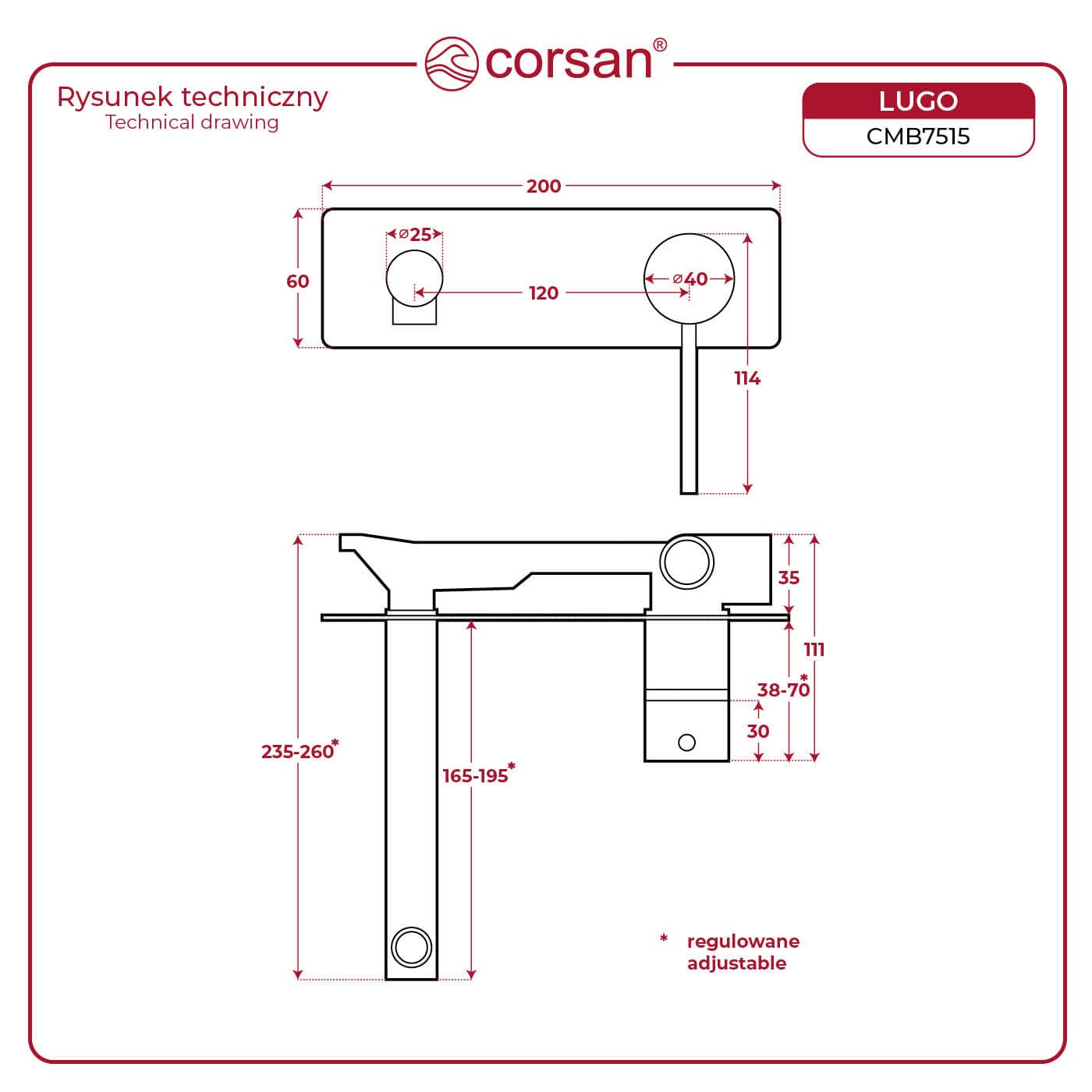 Bateria umywalkowa podtynkowa LUGO CMB7515GL z wylewką Złota
