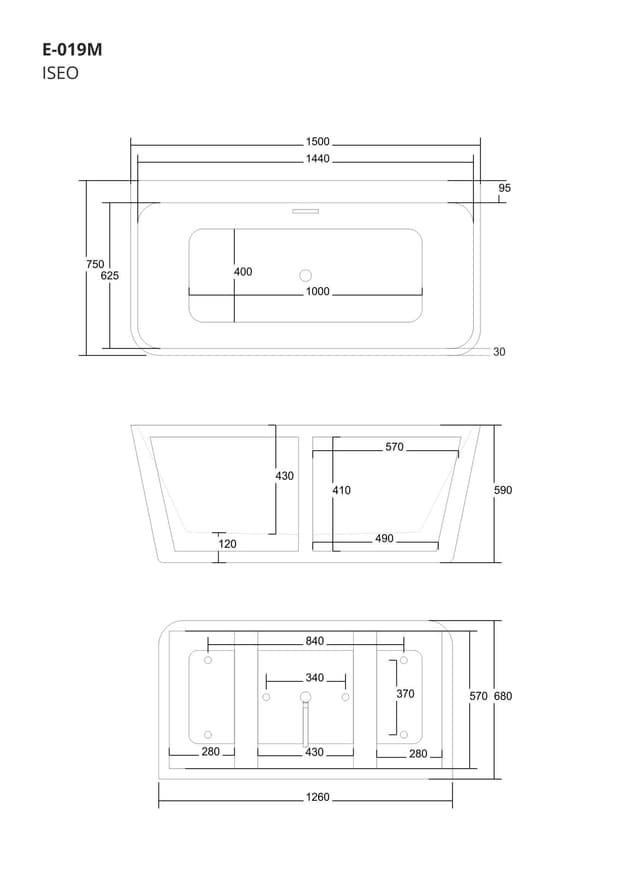 Wanna przyścienna wolnostojąca Corsan ISEO 150 x 75 cm z szeroką krawędzią Korek klik-klak Miedziany / Różowe Złoto