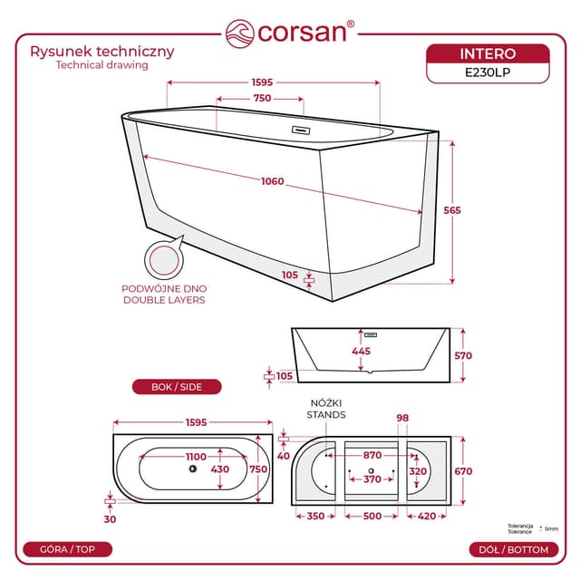 Wanna wolnostojąca narożna Corsan INTERO 160 x 75 Montaż prawostronny Korek klik-klak Chrom