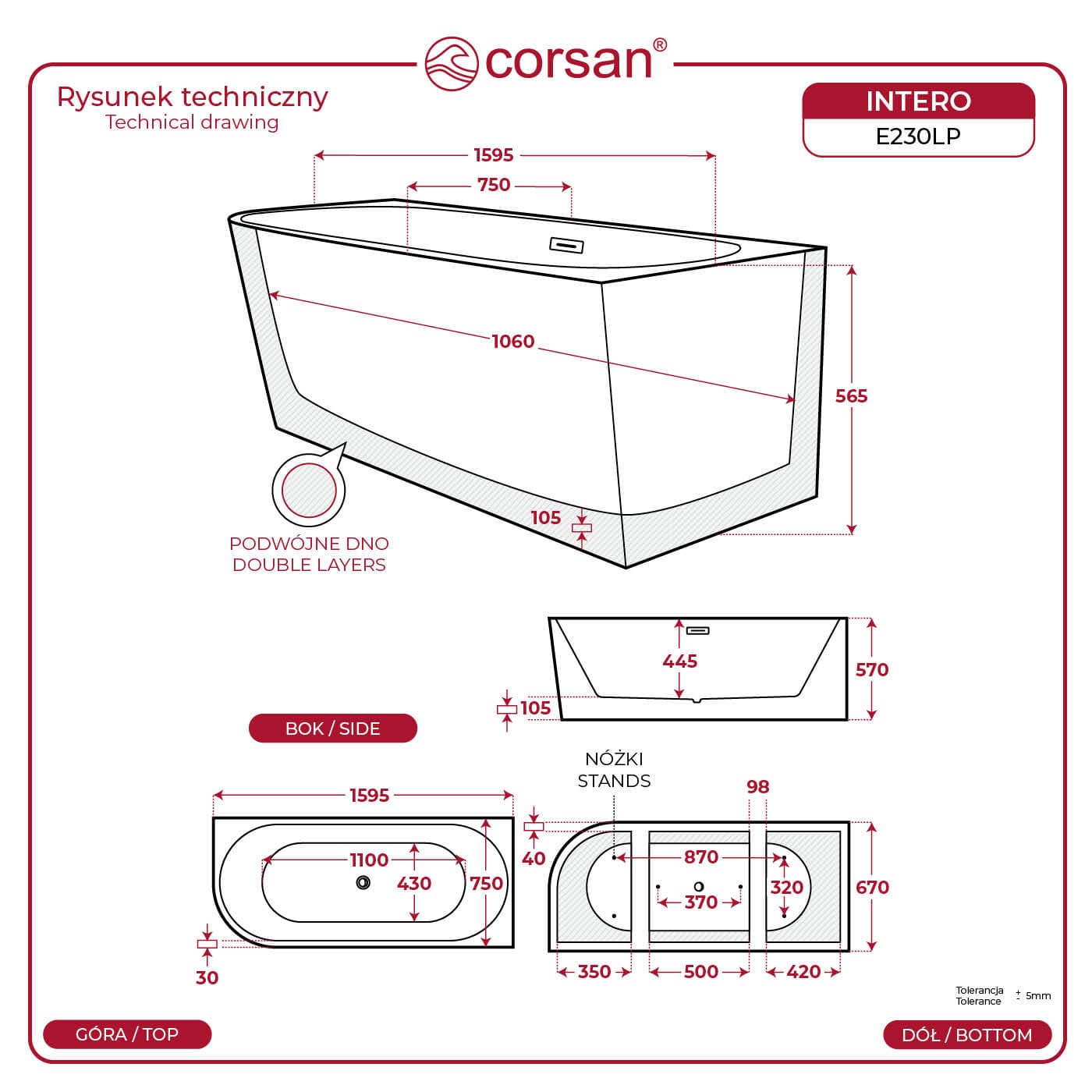 Wanna wolnostojąca narożna Corsan INTERO 160 x 75 Montaż prawostronny Korek klik-klak Czarny