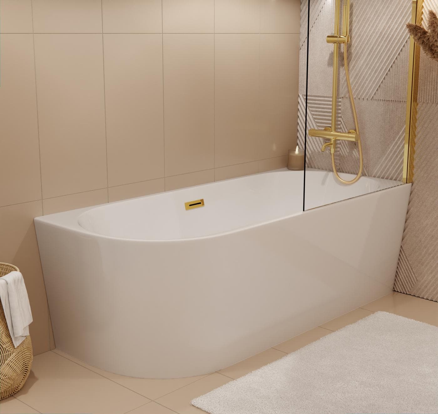 Wanna wolnostojąca narożna Corsan INTERO 160 x 75 Montaż prawostronny Korek klik-klak Złoty