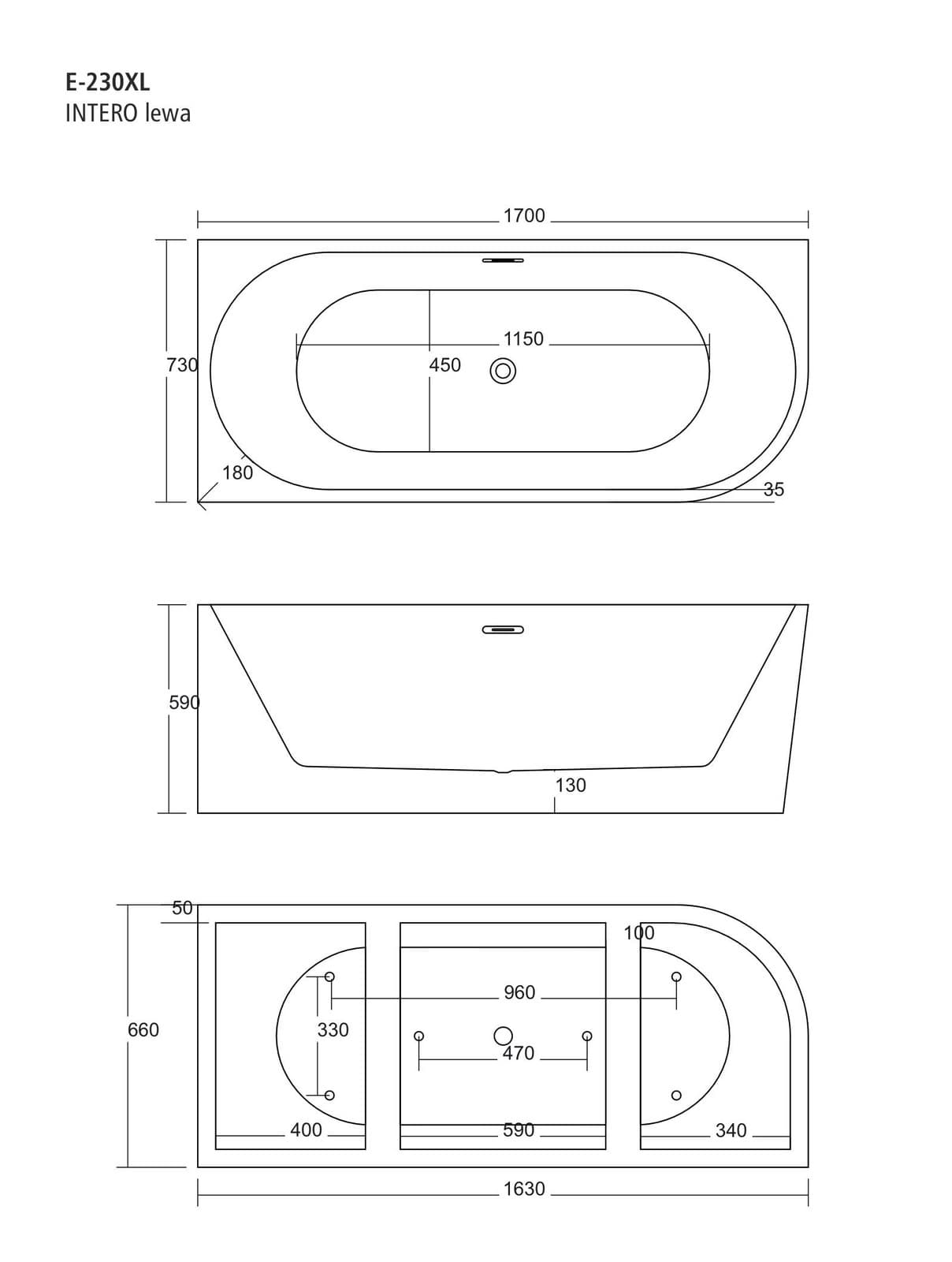 Wanna wolnostojąca narożna Corsan INTERO 170 x 73 Montaż lewostronny Korek klik-klak Chrom