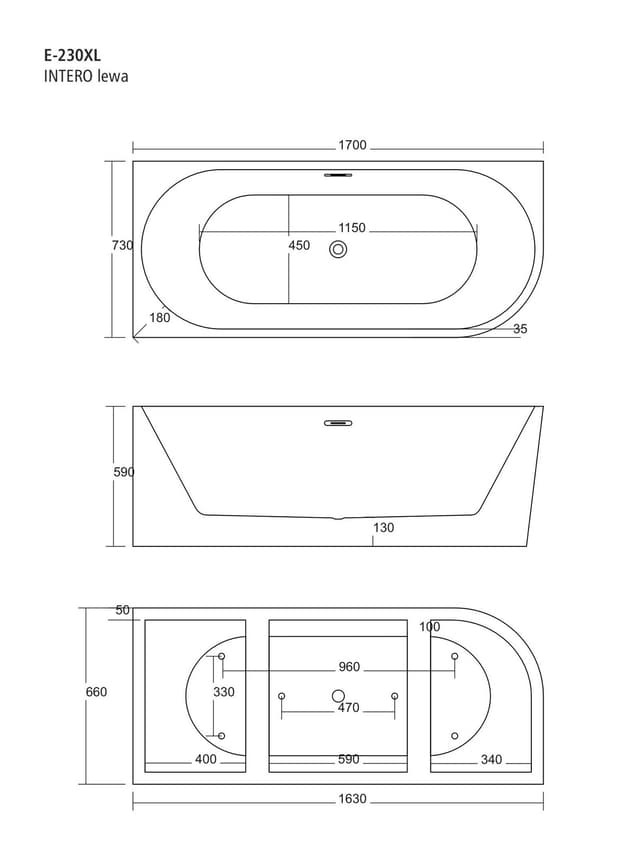Wanna wolnostojąca narożna Corsan INTERO 170 x 73 Montaż lewostronny Korek klik-klak Chrom