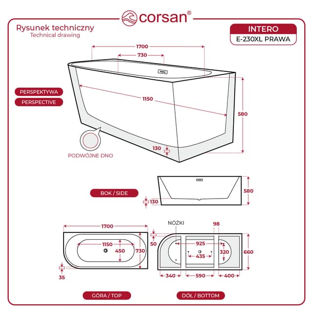 Wanna wolnostojąca narożna Corsan INTERO 170 x 73 Montaż prawostronny Korek klik-klak Miedziany / Różowe Złoto