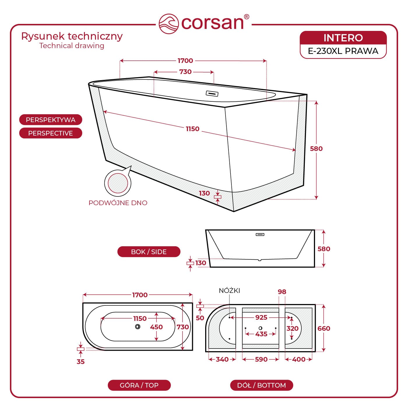Wanna wolnostojąca narożna Corsan INTERO 170 x 73 Montaż prawostronny Korek klik-klak Złoty