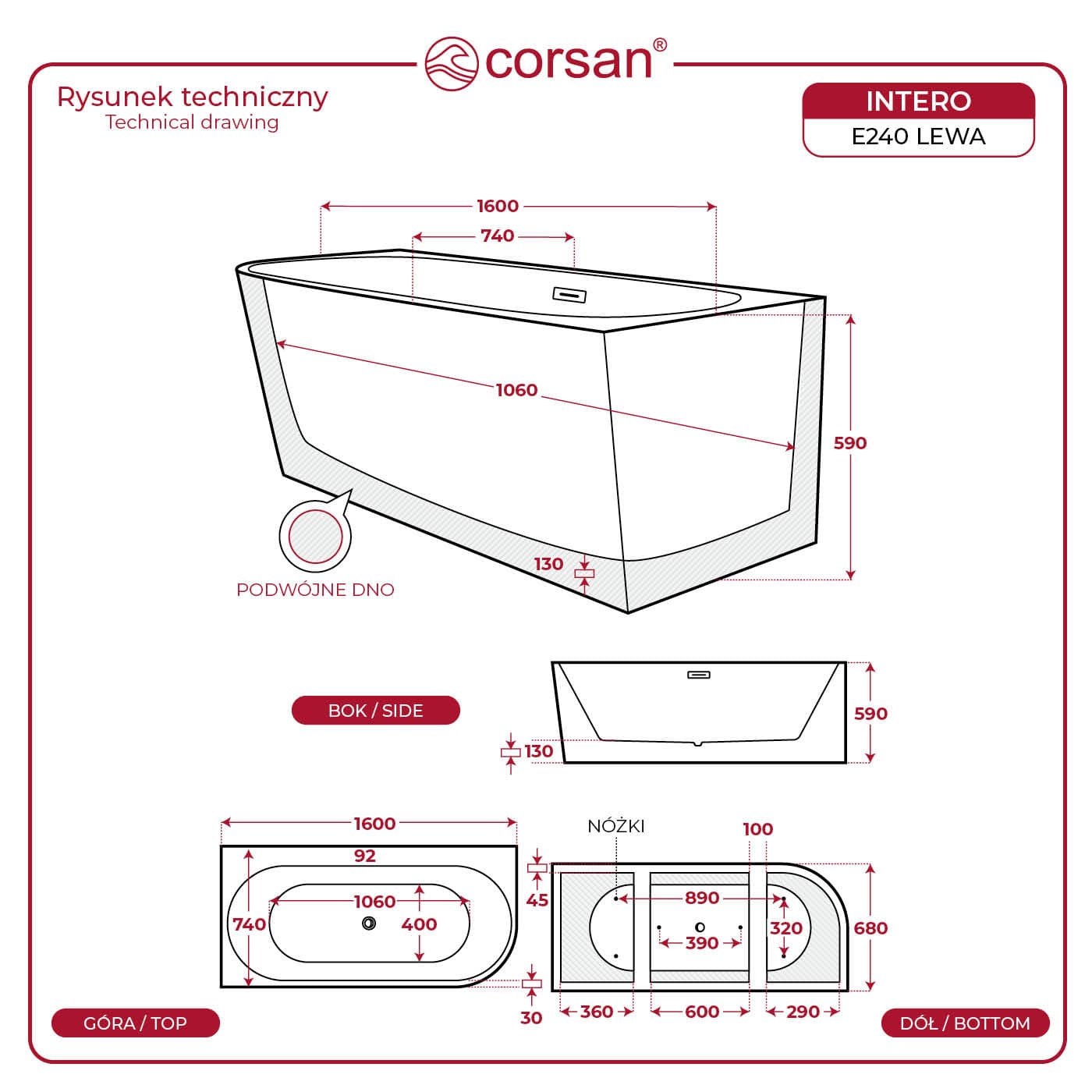 Wanna wolnostojąca narożna Corsan INTERO 160 x 74 z szeroką krawędzią Montaż lewostronny Korek klik-klak Chrom