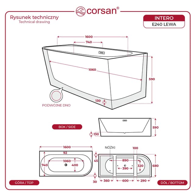 Wanna wolnostojąca narożna Corsan INTERO 160 x 74 z szeroką krawędzią Montaż lewostronny Korek klik-klak Czarny