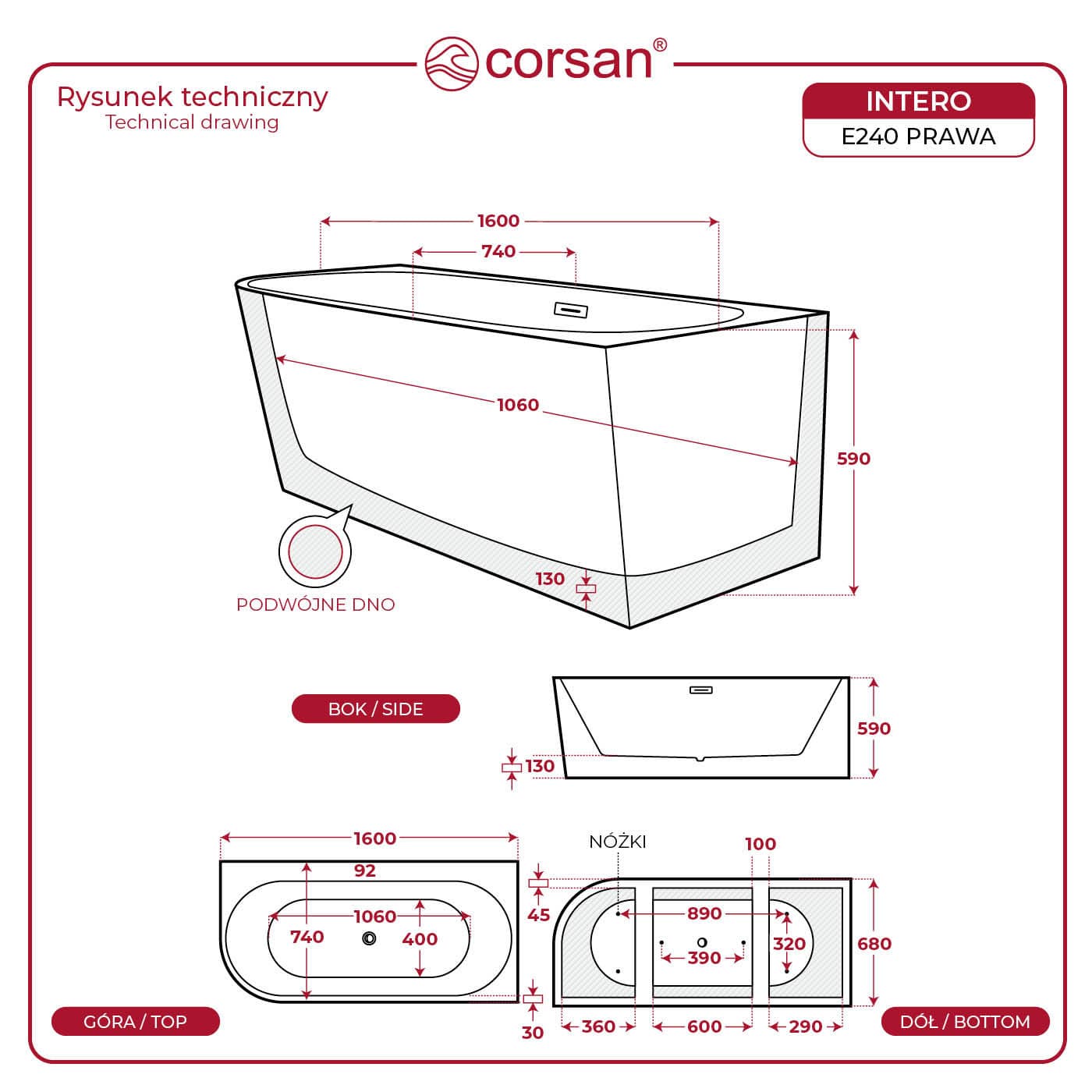 Wanna wolnostojąca narożna Corsan INTERO 160 x 74 Montaż prawostronny Korek klik-klak Biały