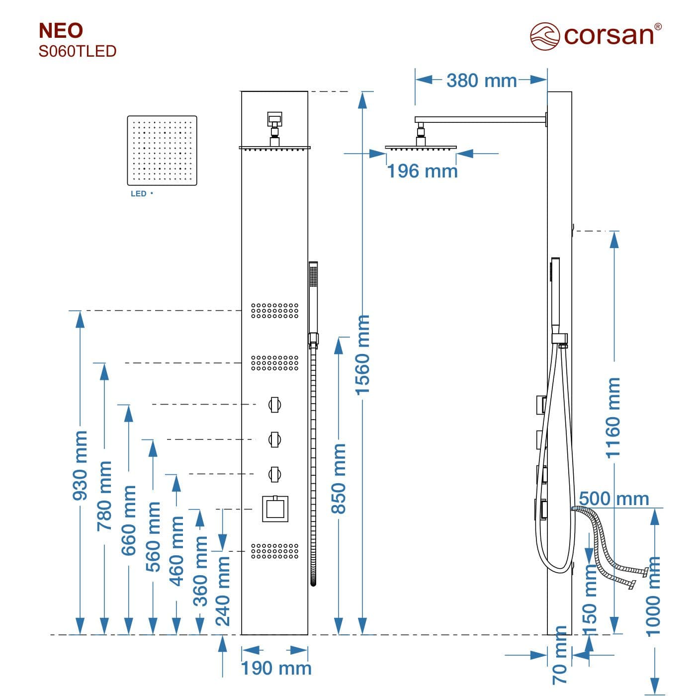 Panel prysznicowy Corsan NEO Termostat Czarna stal Deszczownica LED