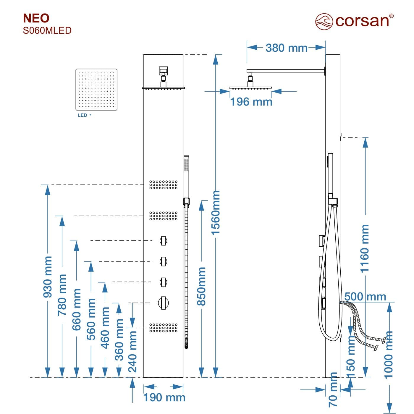 Panel prysznicowy Corsan NEO Mieszacz Czarna stal Deszczownica LED