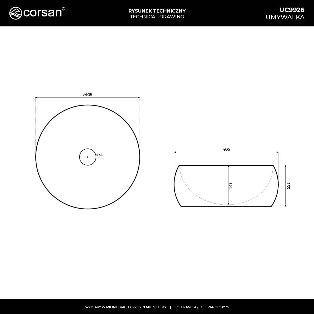 Umywalka nablatowa LUGO UC9926WH okrągła 400x400x160 mm z korkiem Klik-Klak białym