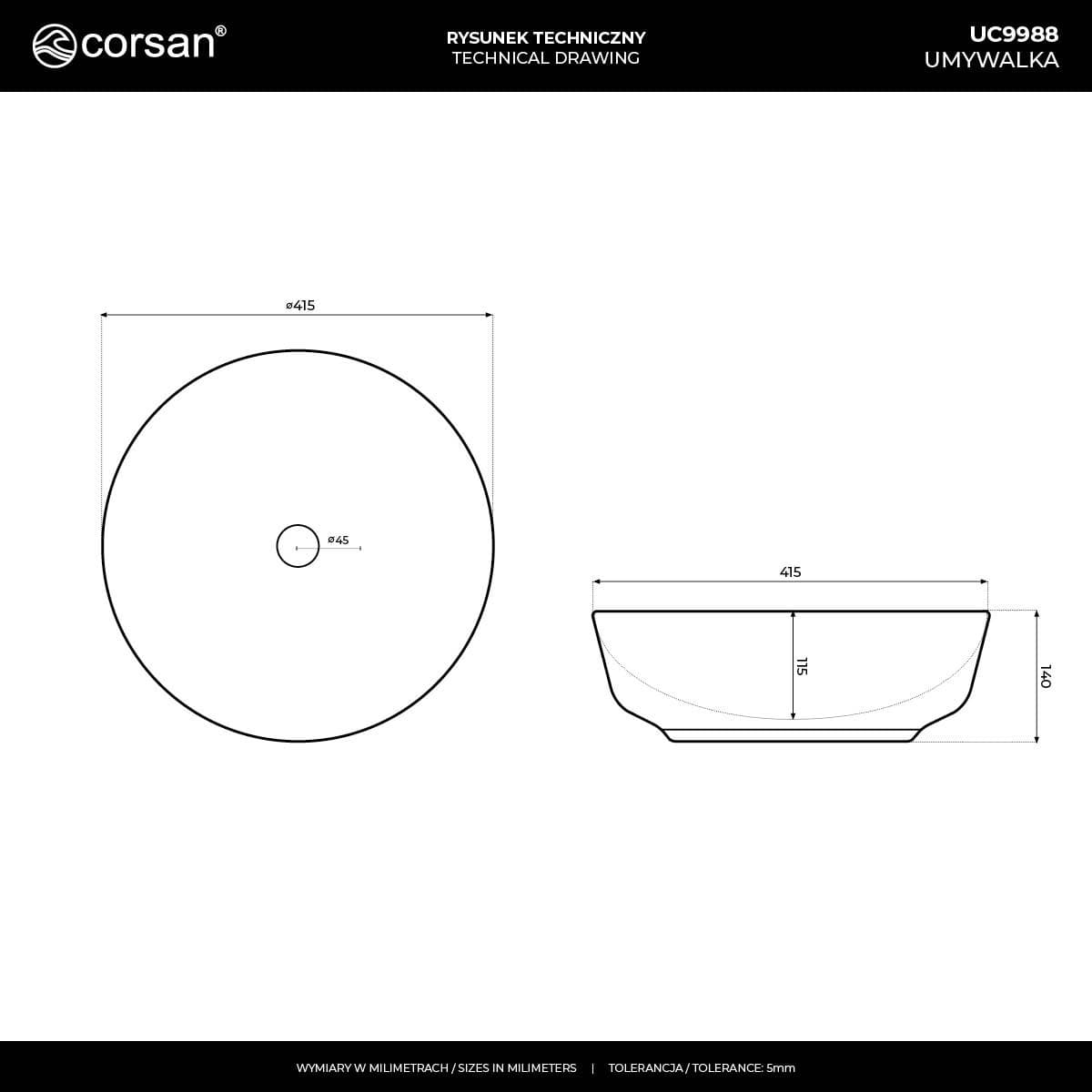 Umywalka nablatowa LUGO UC9988CH okrągła 415x135 mm z korkiem Klik-Krak chrom