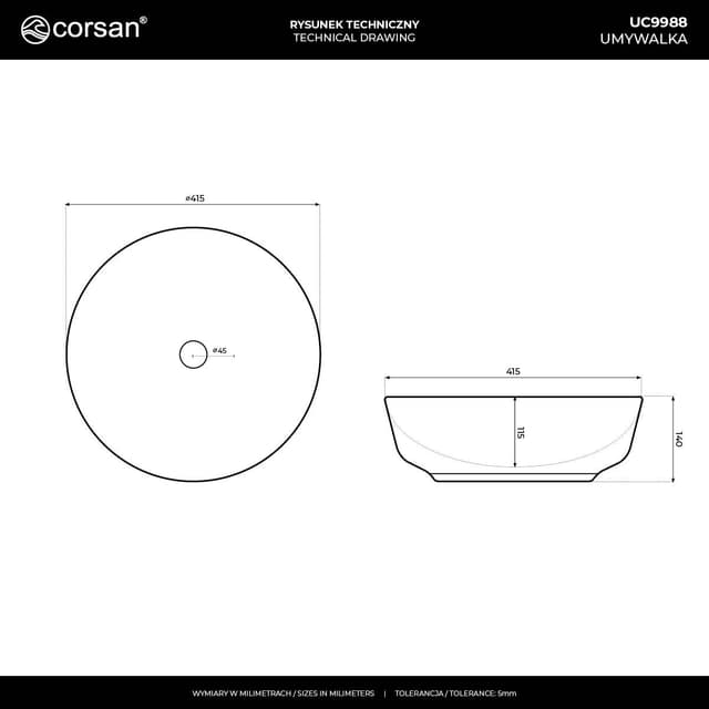 Umywalka nablatowa LUGO UC9988WH okrągła 415x135 mm z korkiem Klik-Klak białym