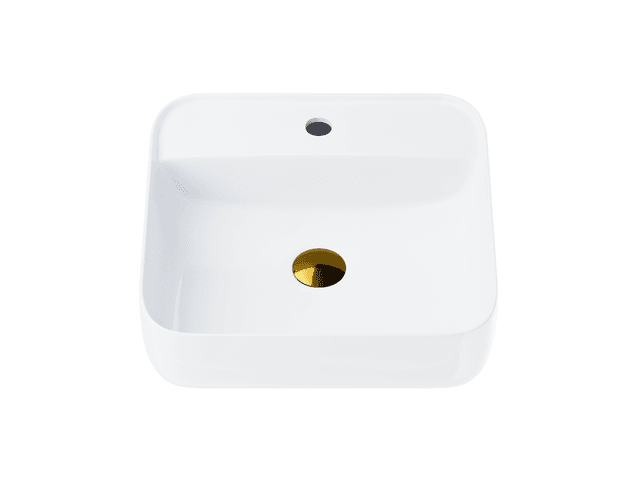 Umywalka nablatowa ANGO UC9902GL kwadratowa 39,5x39,5x14,5 cm z otworem na baterię i korkiem klik-klak złotym