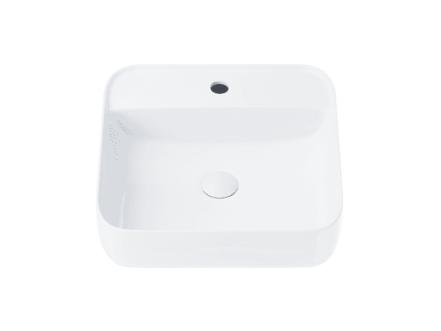 Umywalka nablatowa ANGO UC9902WH kwadratowa 395x395x145 mm z otworem na baterię i korkiem Klik-Klak białym