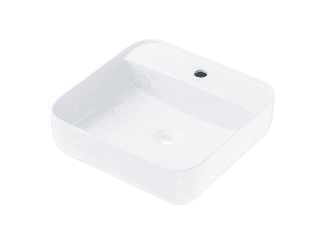 Umywalka nablatowa ANGO UC9902WH kwadratowa 395x395x145 mm z otworem na baterię i korkiem Klik-Klak białym