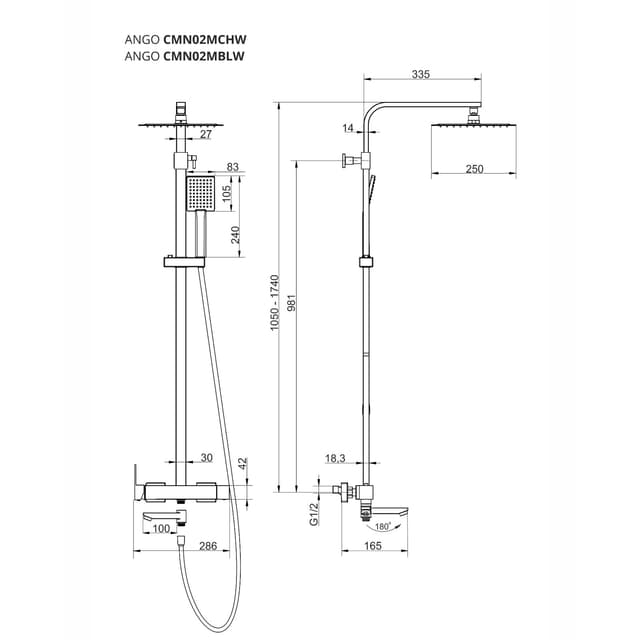 Kolumna prysznicowa ANGO CMN02MCHW Deszczownica 25cm Wylewka obrotowa Chrom
