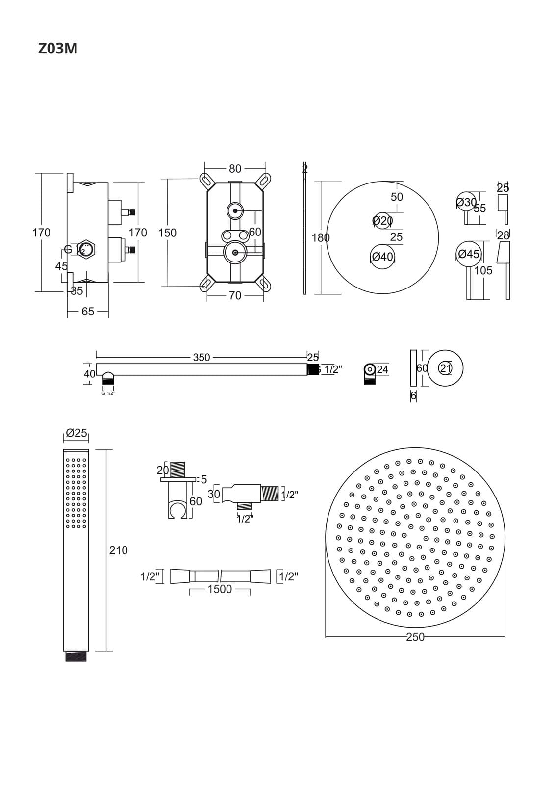Zestaw prysznicowy podtynkowy LUGO Z03MBL Deszczownica 25 cm Mieszacz Słuchawka prysznicowa Czarny