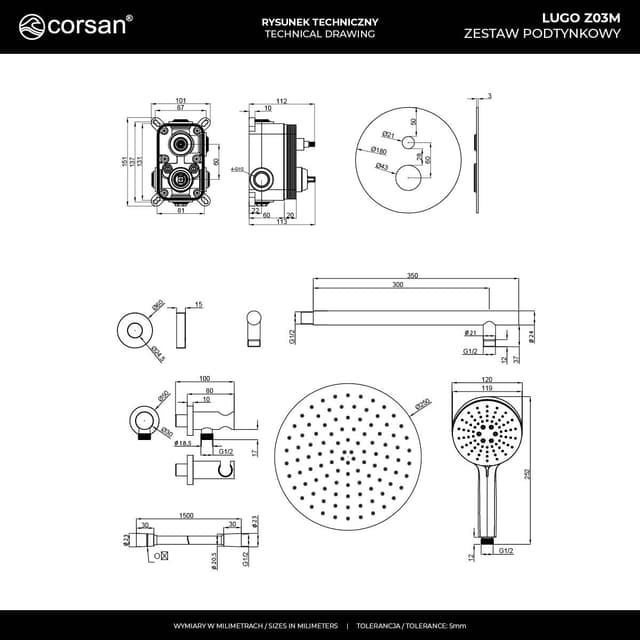 Zestaw prysznicowy podtynkowy Corsan Lugo Z03MCH Chromowany