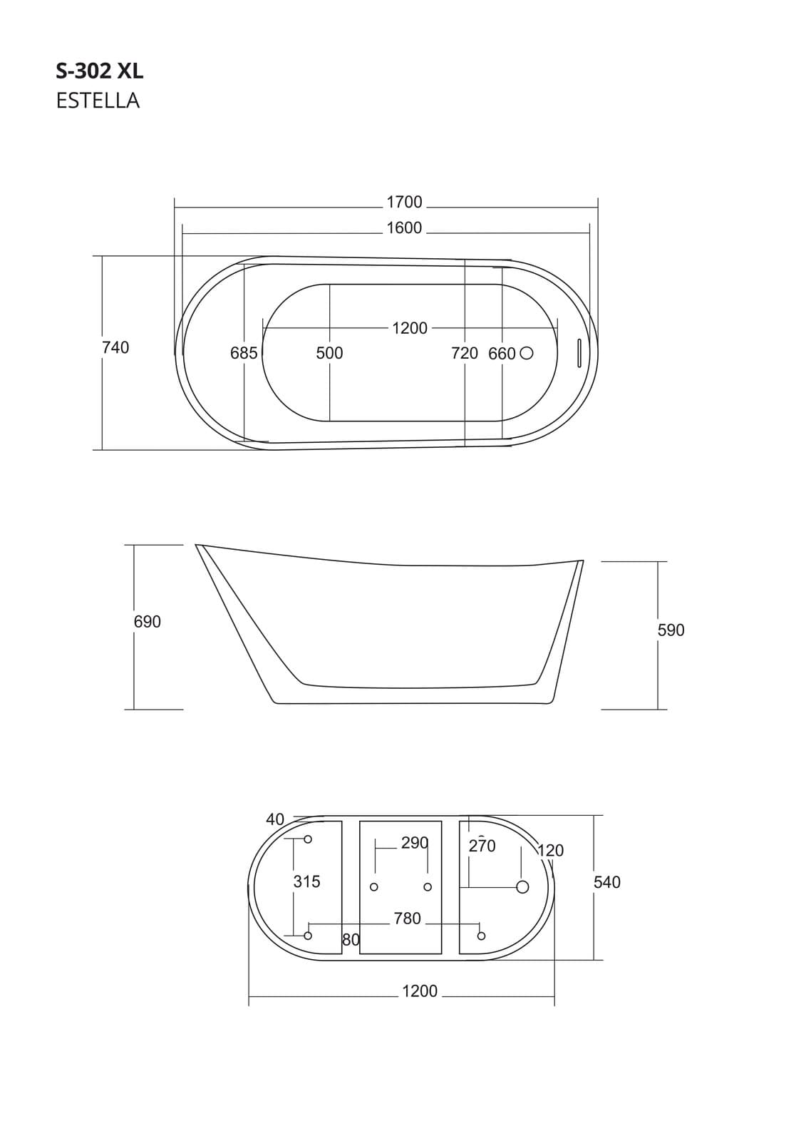 Wanna wolnostojąca Corsan ESTELLA 170 x 74 cm Korek klik-klak Miedziany / Różowe Złoto