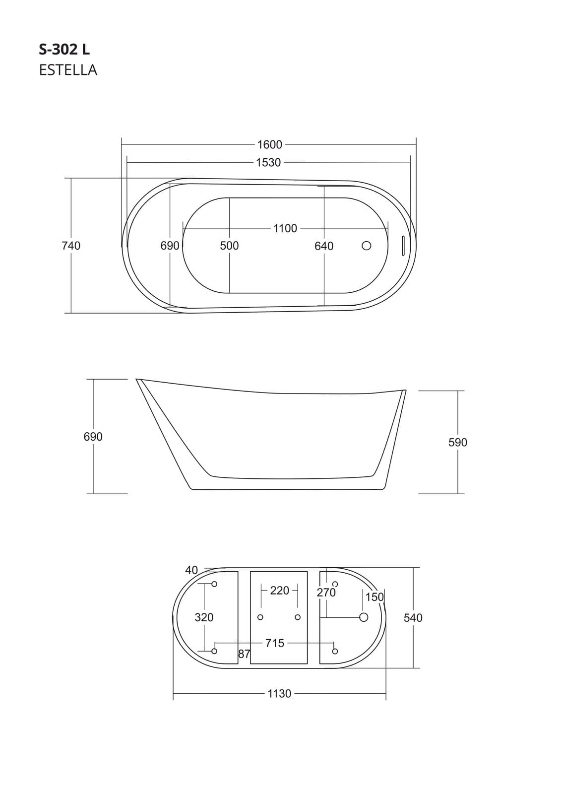 Wanna wolnostojąca Corsan ESTELLA 160 x 74 cm Korek klik-klak Złoty