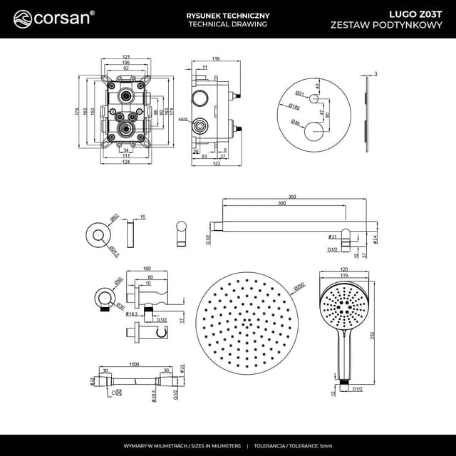 Zestaw prysznicowy podtynkowy Corsan Lugo Termostat Deszczownica 25cm Złoty