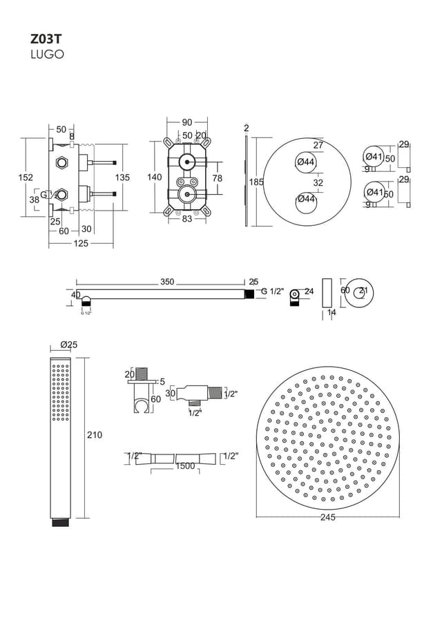 Zestaw prysznicowy podtynkowy LUGO Z03TBL Deszczownica 25 cm Termostat Słuchawka prysznicowa Czarny
