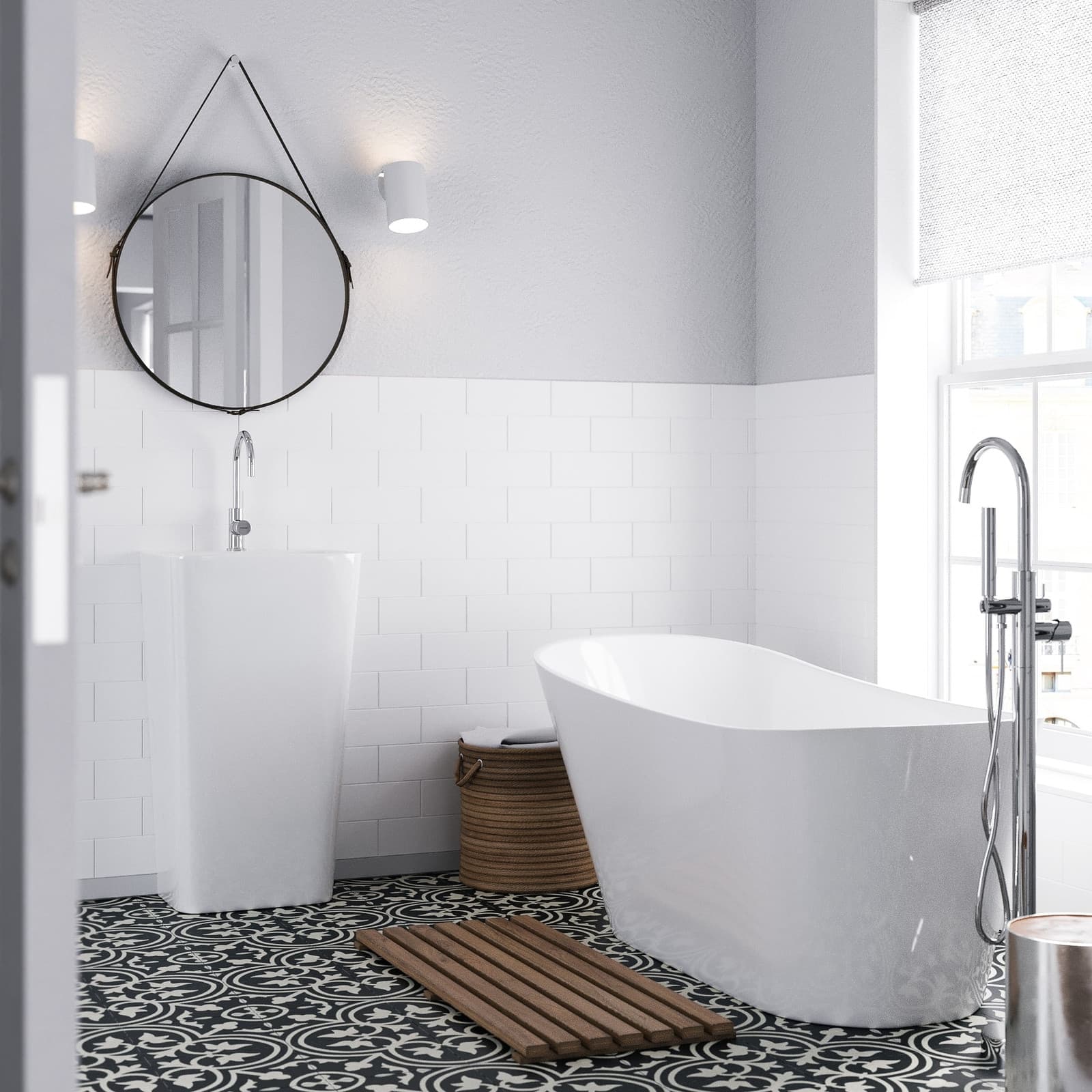 Stojąca umywalka akrylowa OLIA MU5040BLS z syfonem i czarnym korkiem