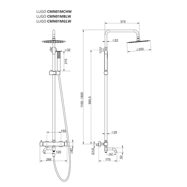 Kolumna prysznicowa LUGO CMN01MGLW Deszczownica 25cm Wylewka obrotowa Złota