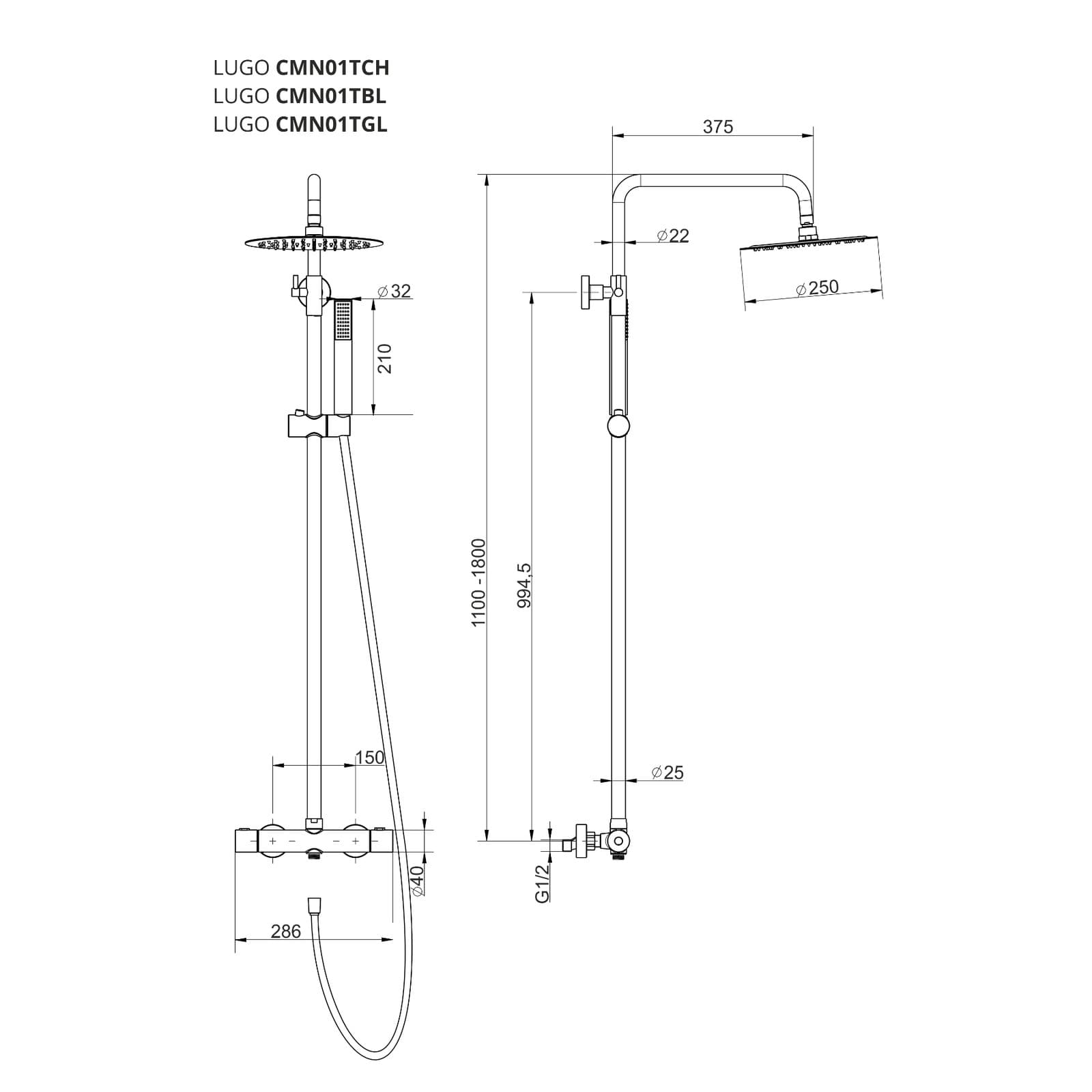 Kolumna prysznicowa LUGO CMN01TCH Deszczownica 25cm Termostat Chrom